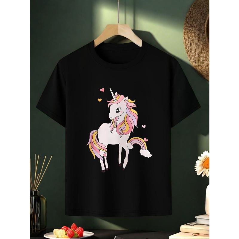 European sizes Girls' Casual Pink T-Shirt with Unicorn & Rainbow Print - Soft Breathable Knit Top, Short Sleeve Round Neck Summer Tee
