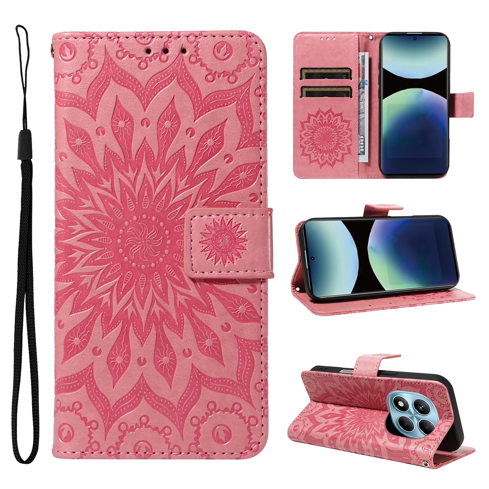 

For Xiaomi Redmi Note 14 Pro 4G Phone Case Sunflower Imprinted Leather Wallet Stand Cover with Strap Red