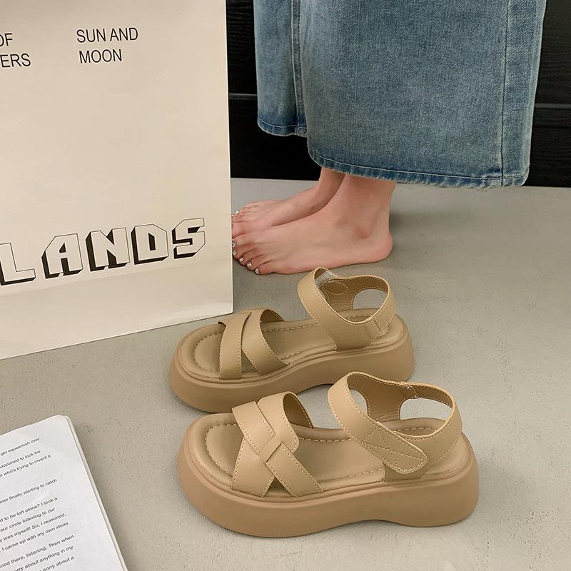 

French sandals female summer 2025 new fairy style casual thick-soled outer wear versatile soft-soled Velcro beach shoes 40 хаки