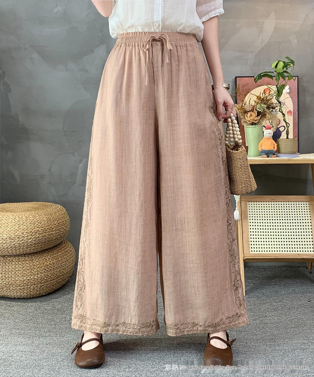 

Spring 2026 Artistic Linen Straight-Leg Pants - Comfortable, Elastic Waist, Casual, Versatile, Solid Color Long Pants One Size