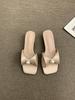 Pearl bow thick heel cool slippers women's summer wear fashion flat women's shoes one-word slippers 2025 summer new