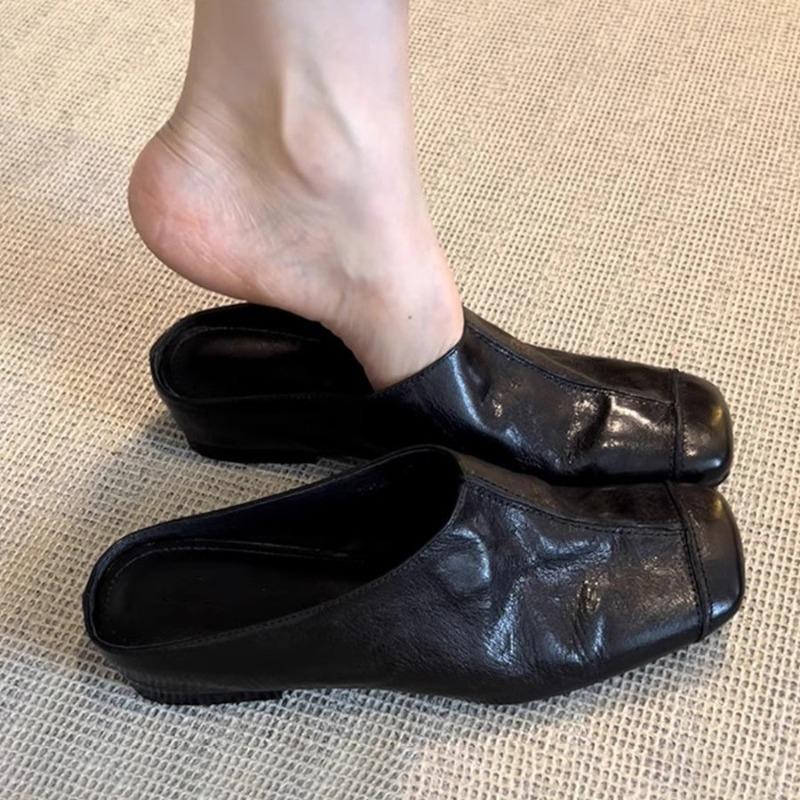 Fashion Luxury Women Summer Leather Slippers Flats Shallow Lazy Boat Slingback Mules Shoes Soft Warm Loafe Women Flip Flops Tongs Femme