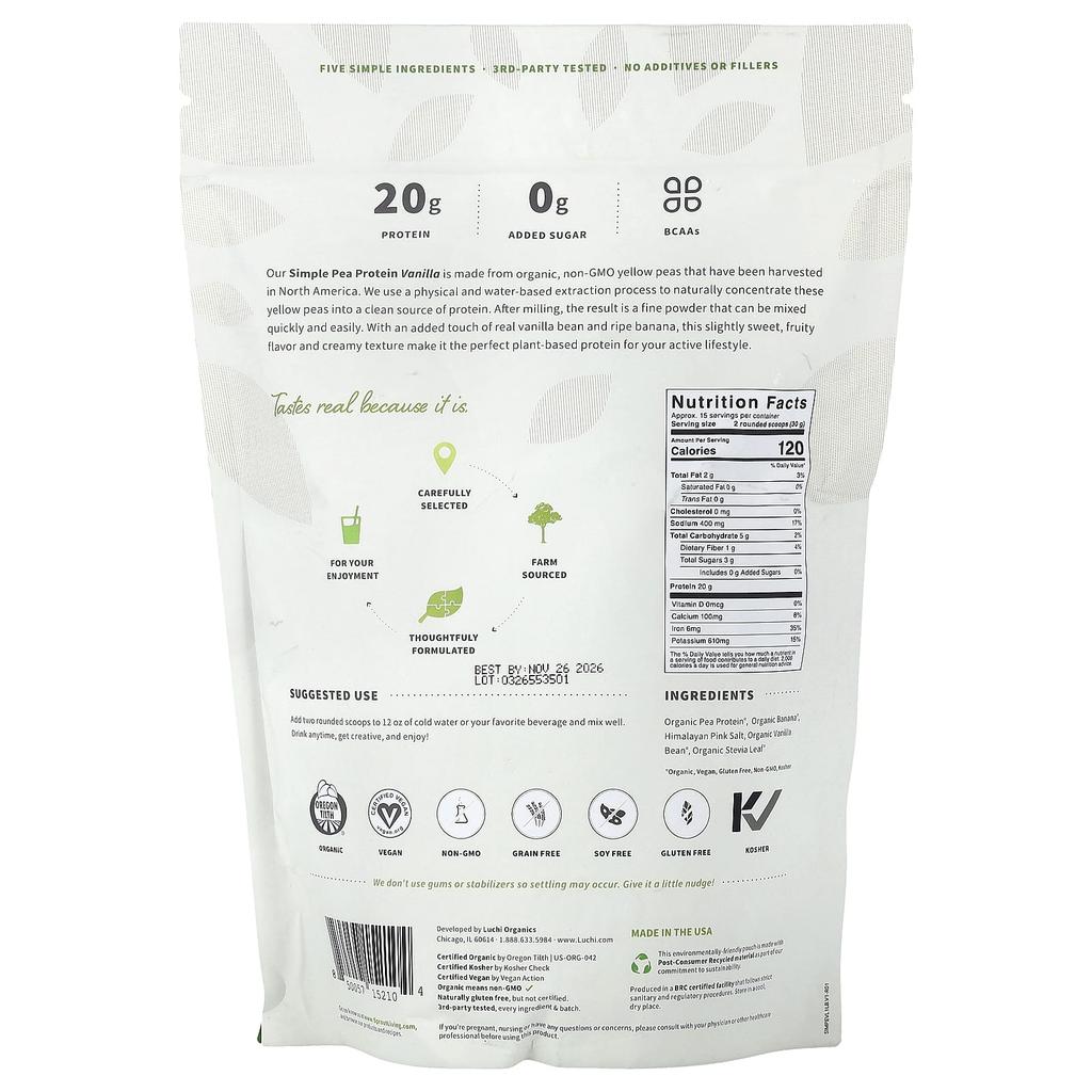 Sprout Living, Simple Pea Protein, Vanilla, 1 lb (454 g)
