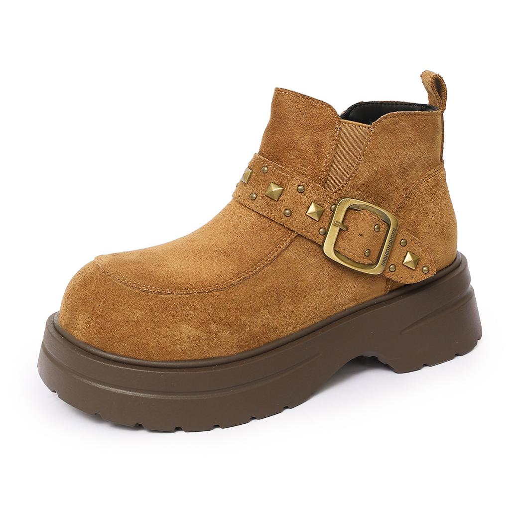 New small belt buckle design low boots women's boots rivets increase the thickness of the bottom fashion a pedal
