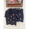 European Heavy Embroidery Cartoon Knit Two-Piece Set: Short Sleeve Lapel Top & Skirt