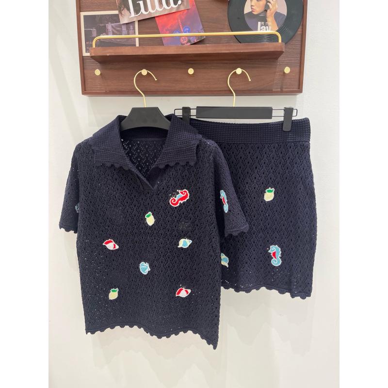 European Heavy Embroidery Cartoon Knit Two-Piece Set: Short Sleeve Lapel Top & Skirt
