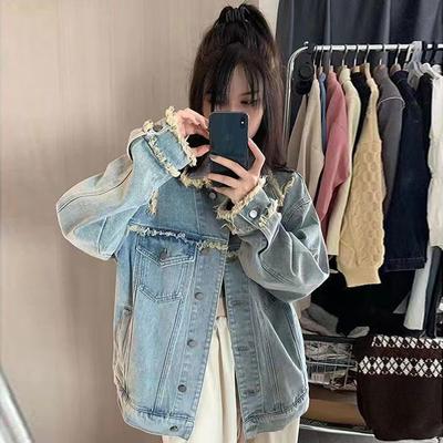Retro Raw Edge Gaten Denim Jas Dames Lente en Herfst Losse Casual Werkkleding Jas Tops Tide