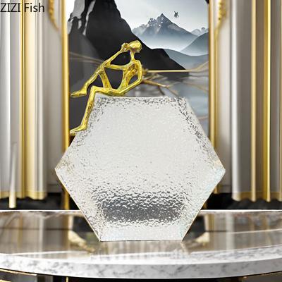 Golden Figures Statue Hexagonal Transparent Base Ornaments Desk Decoration Modern Character Sculpture Room Aesthetics Decor
