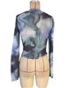 Spring Elegant Ladies Printed Round Neck Mesh Slim Long Sleeve Top Women Versatile Closet Essential Fashion Items Shirt