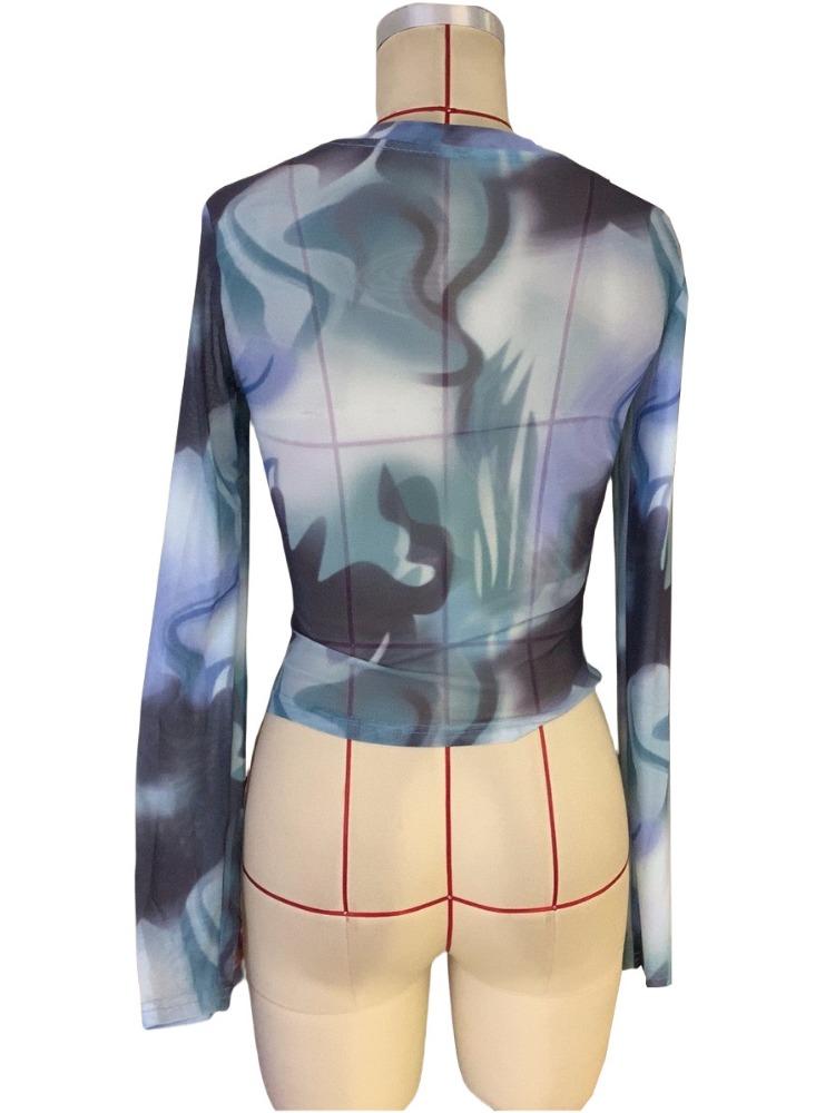 Spring Elegant Ladies Printed Round Neck Mesh Slim Long Sleeve Top Women Versatile Closet Essential Fashion Items Shirt