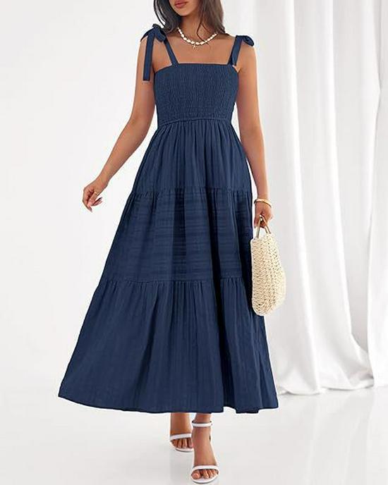2026 European Summer Beach Pleated A-line Strappy Dress with Pockets Small