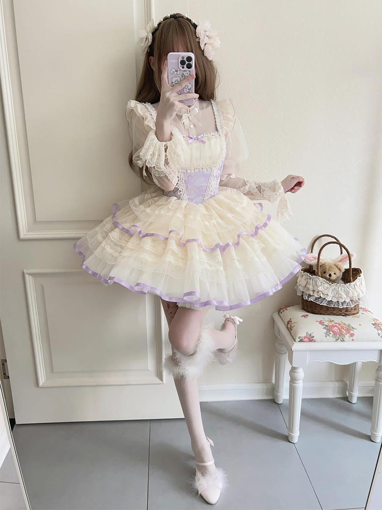 Lolita JSK Jumper Skirt Ribbon One Piece Dreamy Cute Gothic Lolita Dress Bride Style Clothing Ruffles Palace Style Mori Girl Princess Lolita Idol