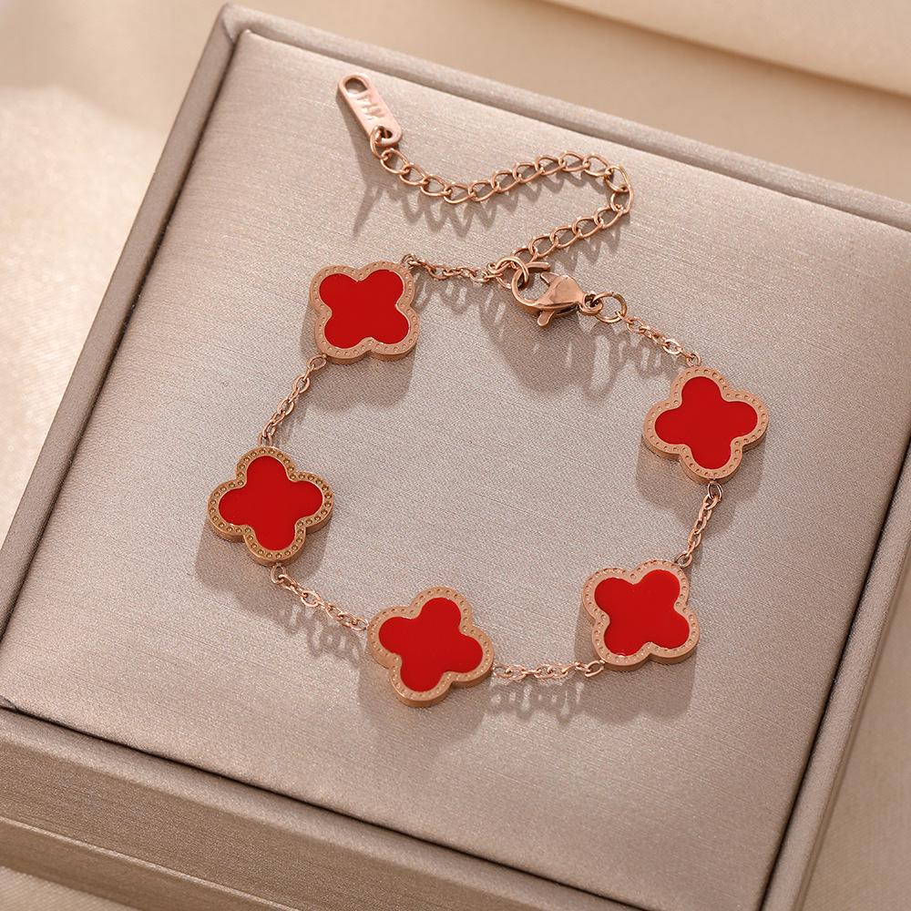 Luxe Titanium Staal Vierbladig Klaver Armband in Koreaanse Stijl met Ingelegde Diamanten voor Vrouwen - Kleurvast