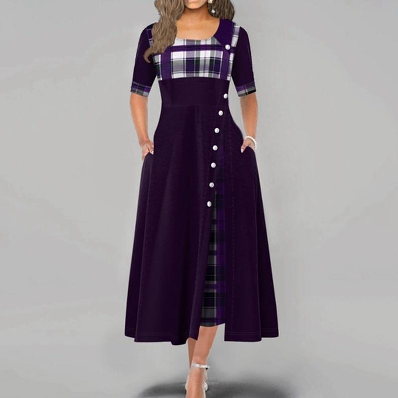 Women Fashion Casual Irregular Plaid Print Button Maxi Half Sleeve Round Neck Plus Size Party Dress