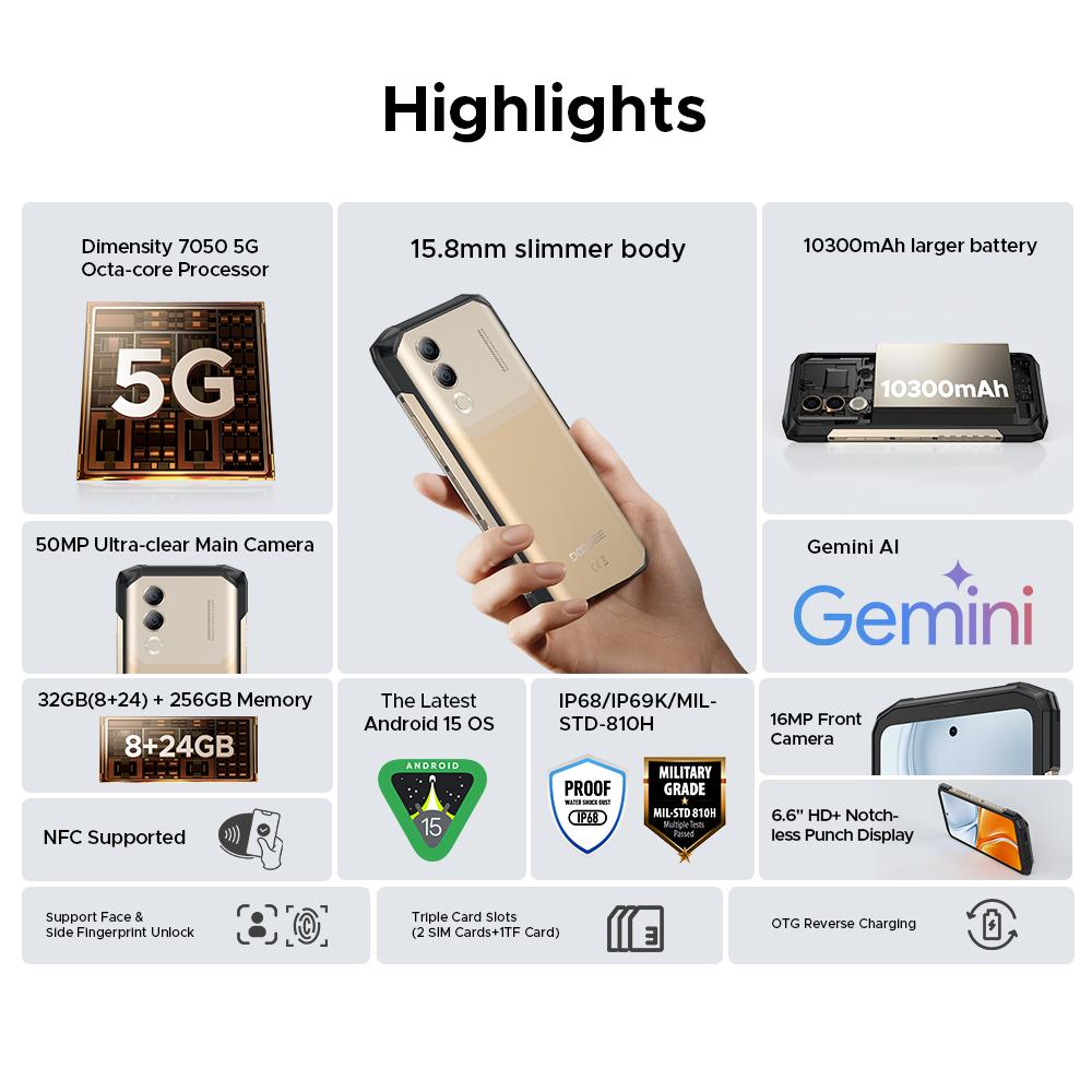 Doogee Blade20 Turbo 5G Rugged Smartphone, 32 GB+256GB&Gemini AI, Android 15, 10300mAh/ 33W, 50MP, 6.6"HD+ 90HZ, 3 Card Slots/WIFI6/GPS/NFC-Black