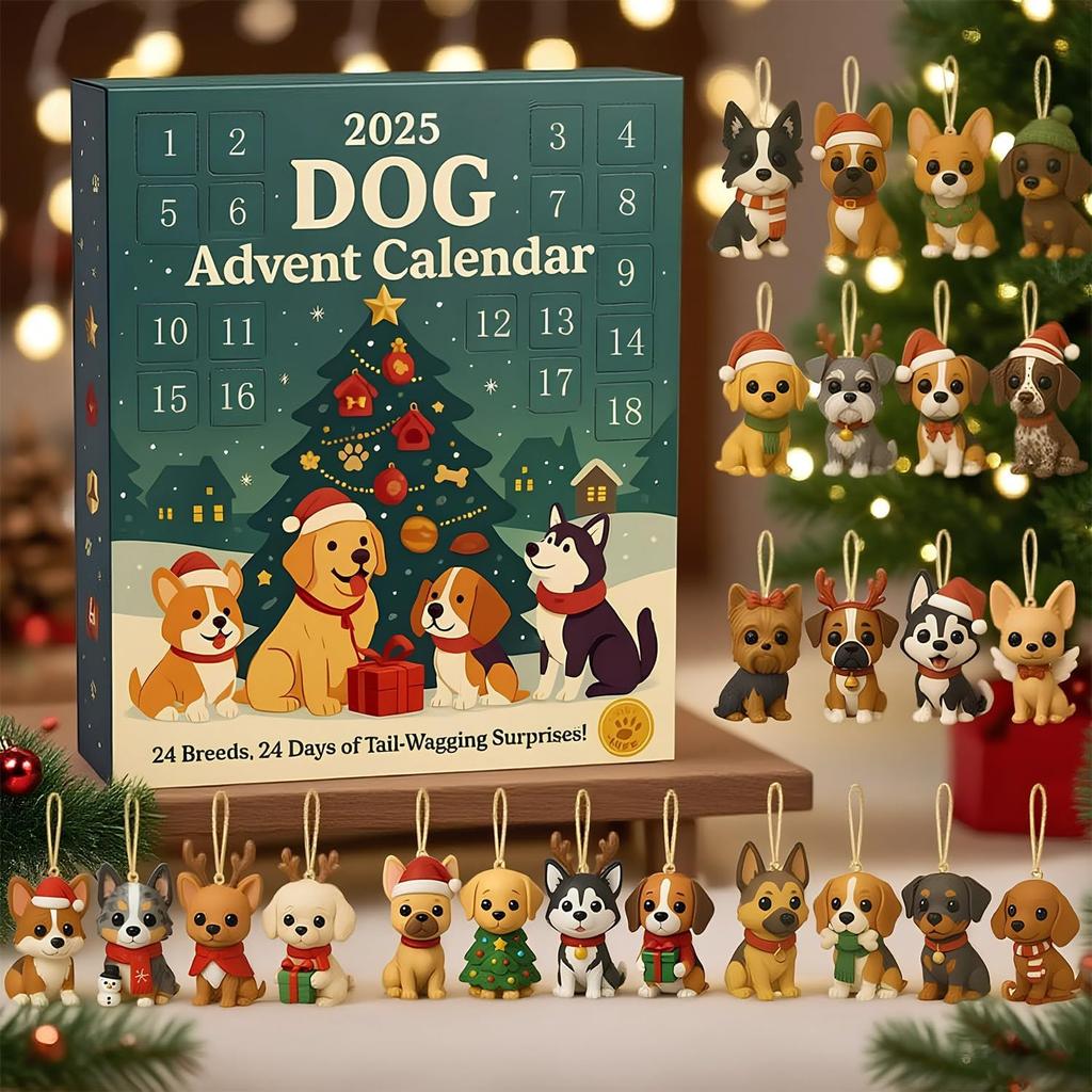 Hunde-Adventskalender, 24 Tage schwanzwedelnder Überraschungen! mit 24 entzückenden Hunderassen-Ornamenten, Weihnachts-Countdown-Kalender für Hundeliebhaber und Hund