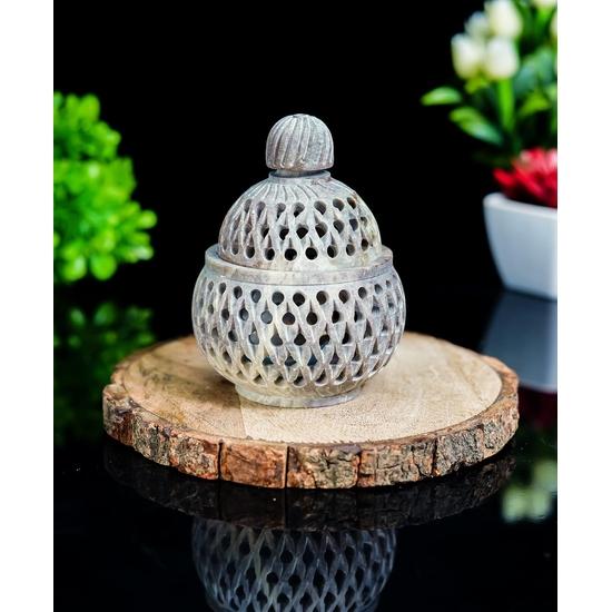 Crocon Handmade Tea Light Holder with Jali Design – Natural Stone Soapstone Candle Stand with Lid for Living Room and Home Décor