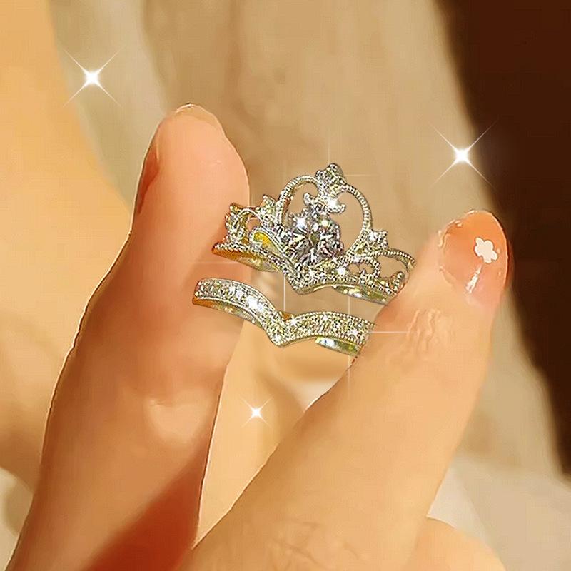 LATS 2PCS Crystal Crown Adjustable Ring Irregular Geometry Vintage Rings Set for Women Girls New Fashion Jewelry