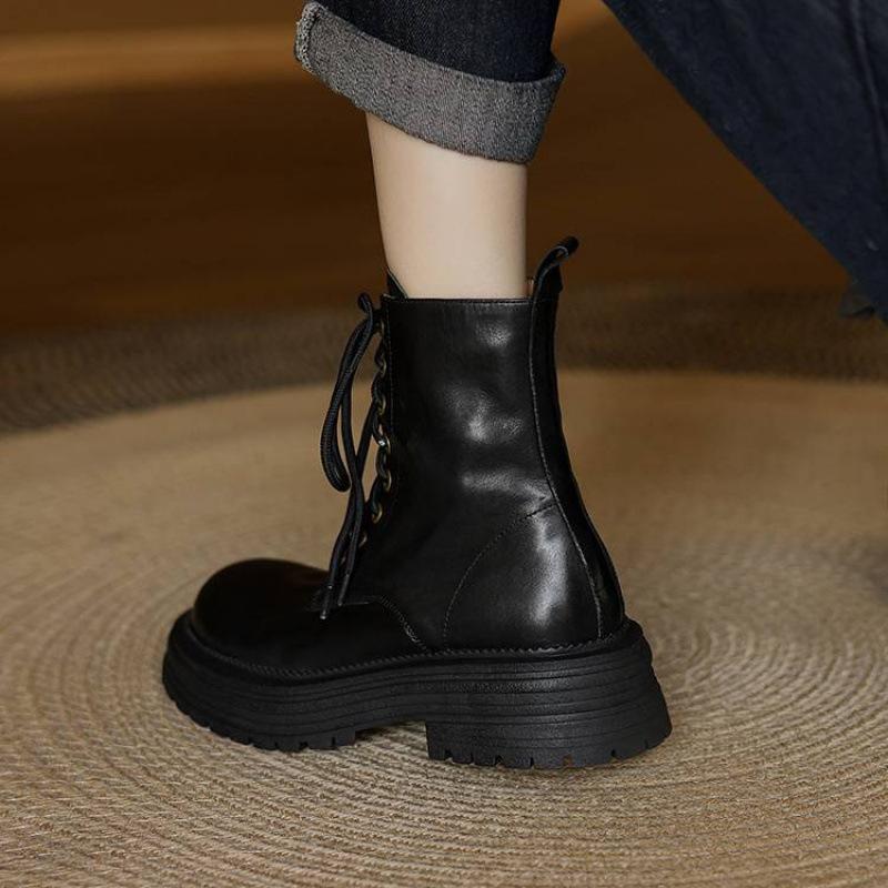 Neue runde Zehenpartie mittlerer Absatz große Größe Ritterstiefel Leder bequem dicksohlige Schnürstiefel Damen Herbst und Winter Rindsleder mittelhohe Stiefel Damen