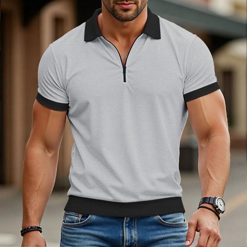 Summer Men's Casual Polo Shirt Half Zipper Patchwork Short Sleeve Polos Man Fashion Tees