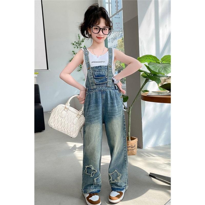  Kids Girls Denim Overalls Casual Wide Leg Star Embroidered Jumpsuit For Children