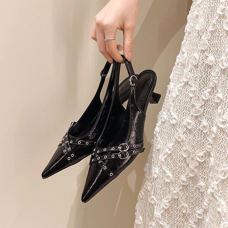 Fashion Fashion Point Shallow Mouth Fine Heel Sandals Summer New Bao Head Rivets Metal Buckle Anti-slip Wear-resistant Low Heel Shoes
