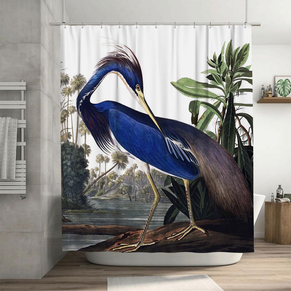 Decorative Blue Heron Shower Curtain Floral Print Bath Room Decor Waterproof Fabric Modern Home Decoration for Bathtub and Kitch