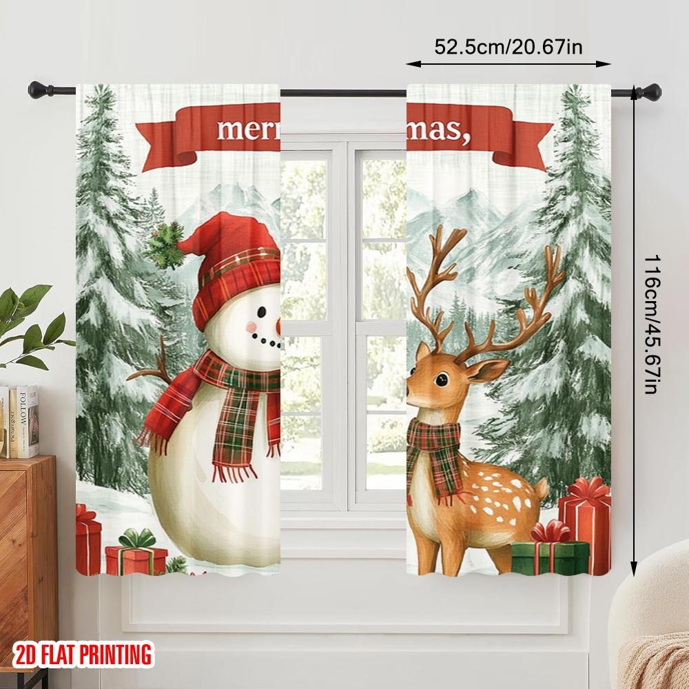 2pcs,2D plane printing Minimalist Curtains Cute Deer Snowman Christmas Winter (2) Durable 100% Polyester Fabric (without rod)