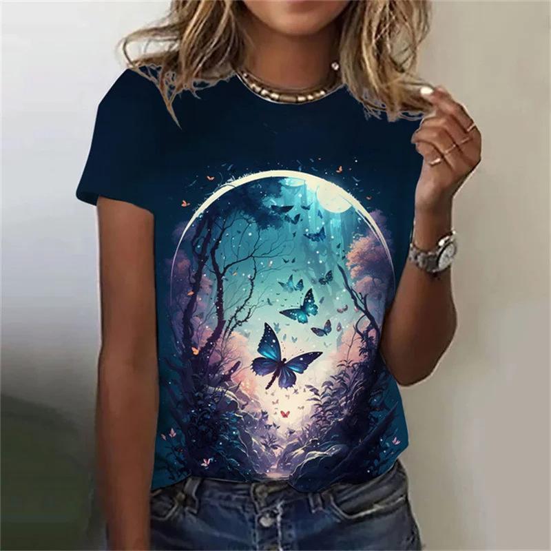 Summer Round Neck Butterfly Pattern 3D Print Top Fashionable Casual Short Sleeved Women's T-shirts