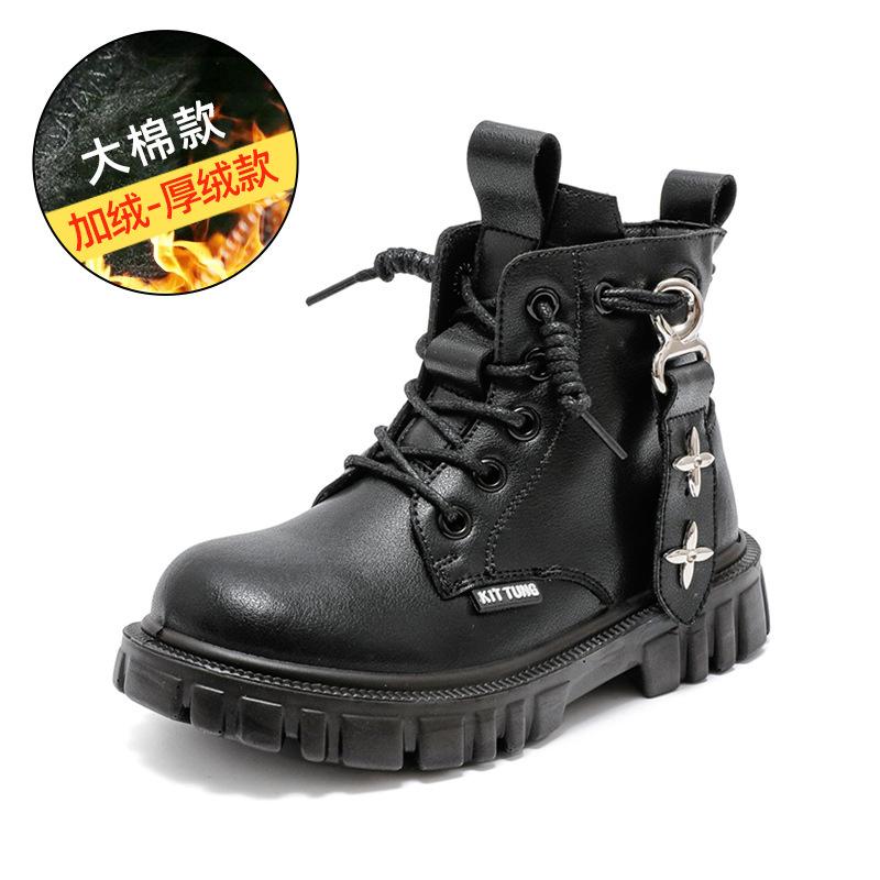 Fashion retro children's Martin boots autumn and winter new leather single boots velvet British style casual non-slip boys short boots