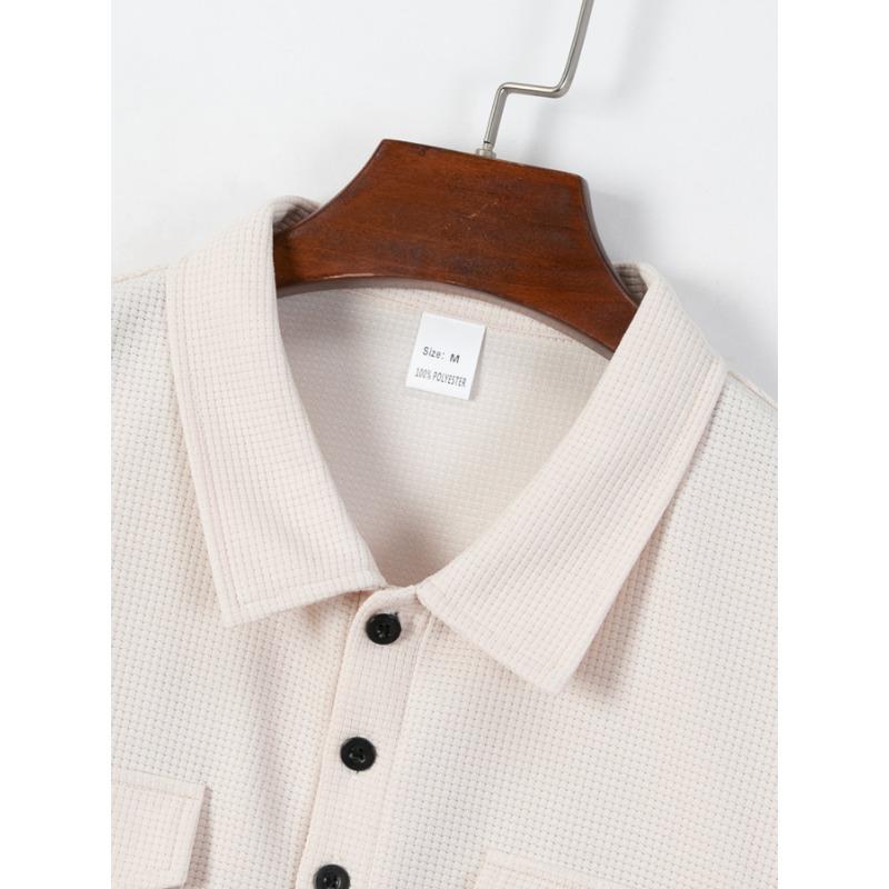 Mens Short Sleeve Waffle Knit Polo Shirt With Double Pockets