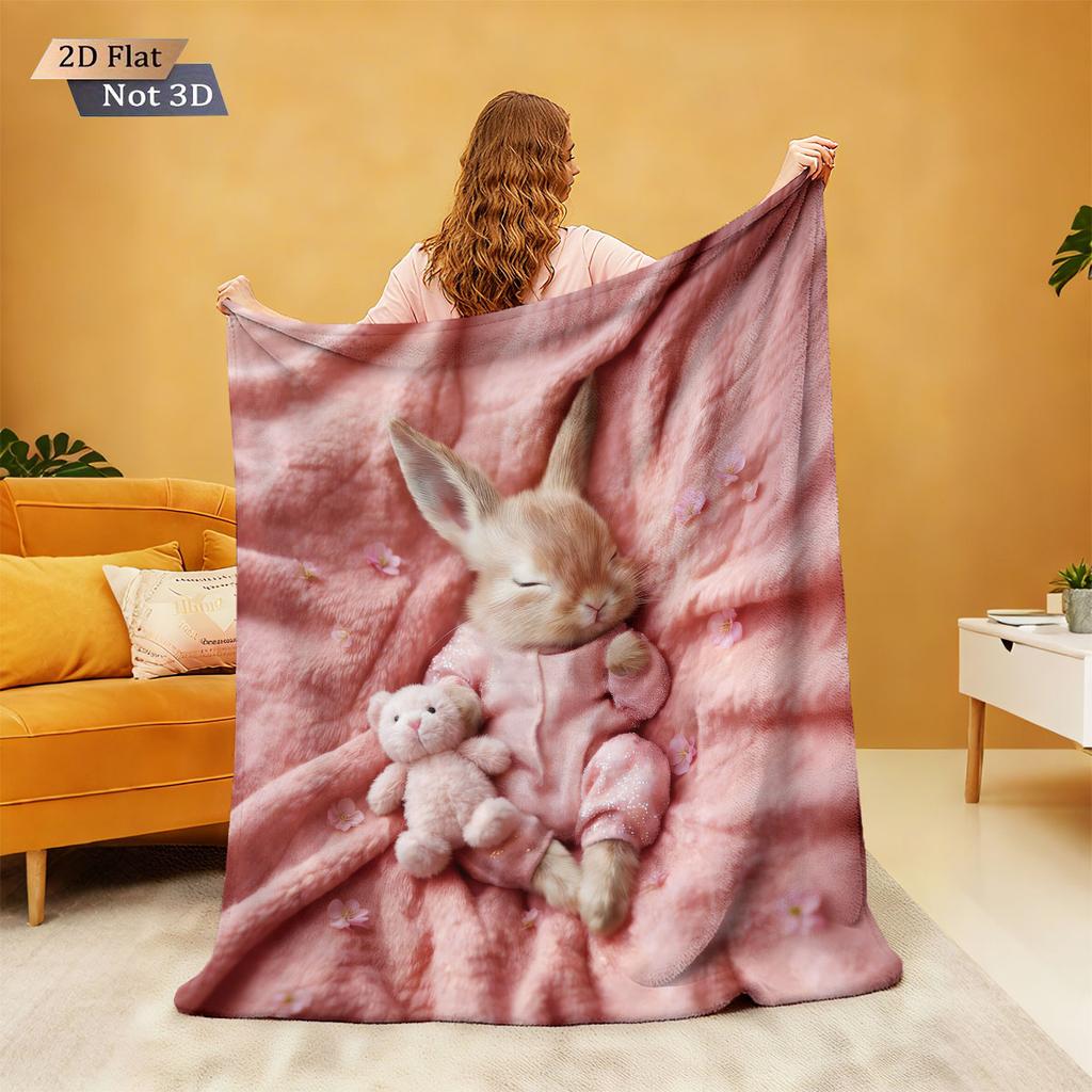1pc Easter Cartoon Rabbit Printed Flannel Blanket With Various Sizes Soft And Comfortable Nap Cover Machine Washable