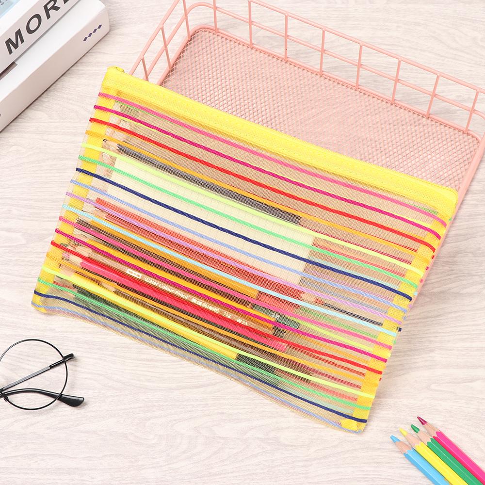 Nylon Rainbow Color Makeup Stationery Grid Mesh Pen Bag Cosmetic Storage Zipper Pencil Case