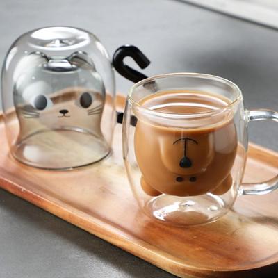 250-300ml Cat Mugs Double Glass Cup Portable Tea Cups with Handle Creative Glass Bear Cup Large Capacity Bear Cartoon Coffee Cup