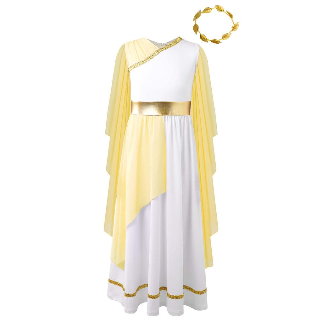 Girls Halloween Greek Beauty Costumes Gold Leaves Garland Headwear Chiffon Cap Sleeve Ancient Toga Dress