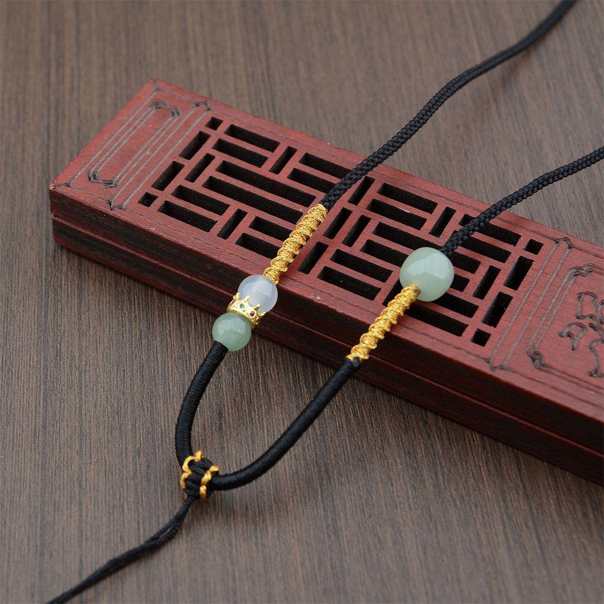 Adjustable Asymmetrical Jade & Agate Pendant Necklace with Gold Lanyard