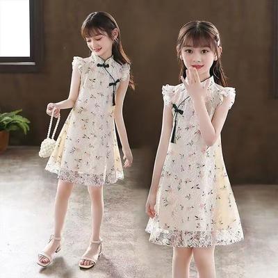2024 Yaz Kız Çocuk Çiçekli Cheongsam Elbise - Çin Stili Retro Qipao Elbise Zarif Nakışlı, Nefes Alabilen Çocuk Vintage Elbise