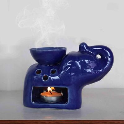 Blue Elephant Ceramic Oil Burner with Tealight Candle – Handcrafted Decorative Aroma Diffuser for Home & Spa Use