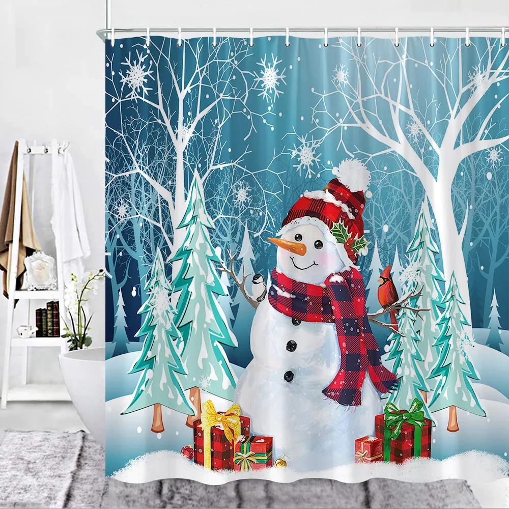 Christmas Shower Curtain, Funny Snowman Red Xmas Balls Snow Pine Branch Green Buffalo Plaid Fabric Washable Bathroom Curtain Set