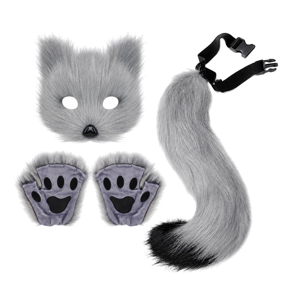 Furry Fox Cat Animal Costume Set 3 Pcs Mask Paw Gloves Tail Therian Fursuit Anime Cosplay Accessories Halloween for Women