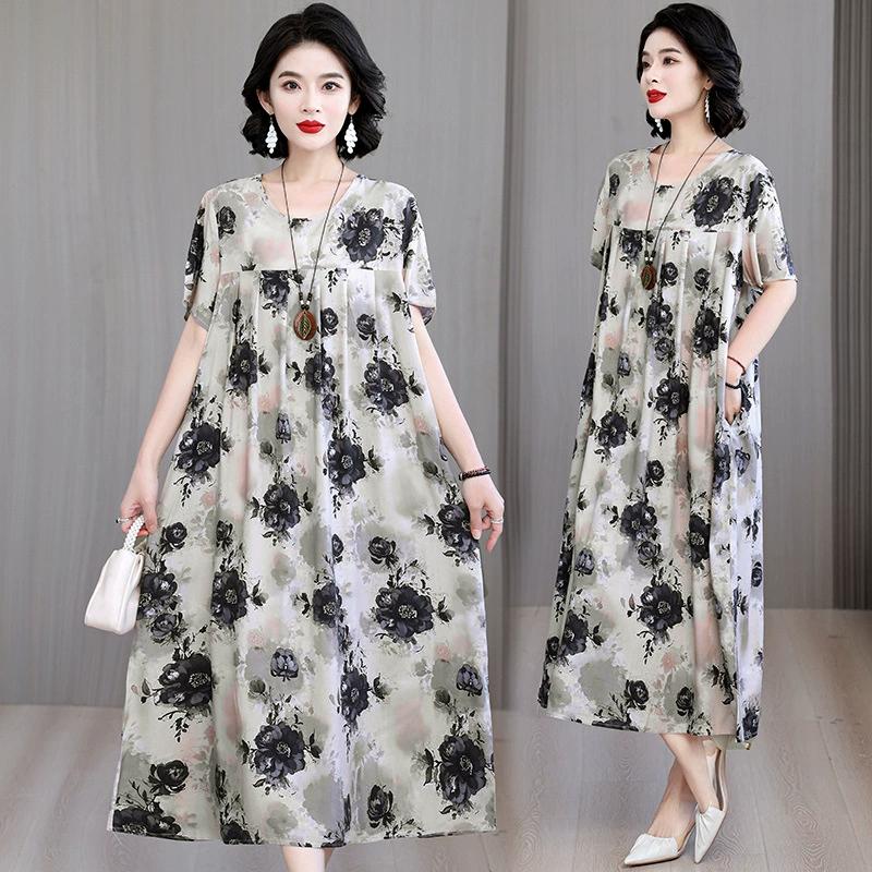 Middle Aged Mother Sleep Shirts Oversize Loose Night Dress Woman Nightwear Printed Summer Cotton Home Women's Nightgown