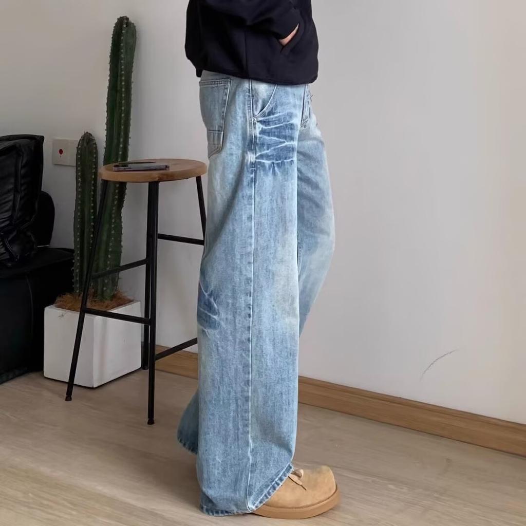 High Street Denim Pants For Men, Retro Distressed, Loose Straight Leg Pants, Wide Leg Sports Pants, Trendy