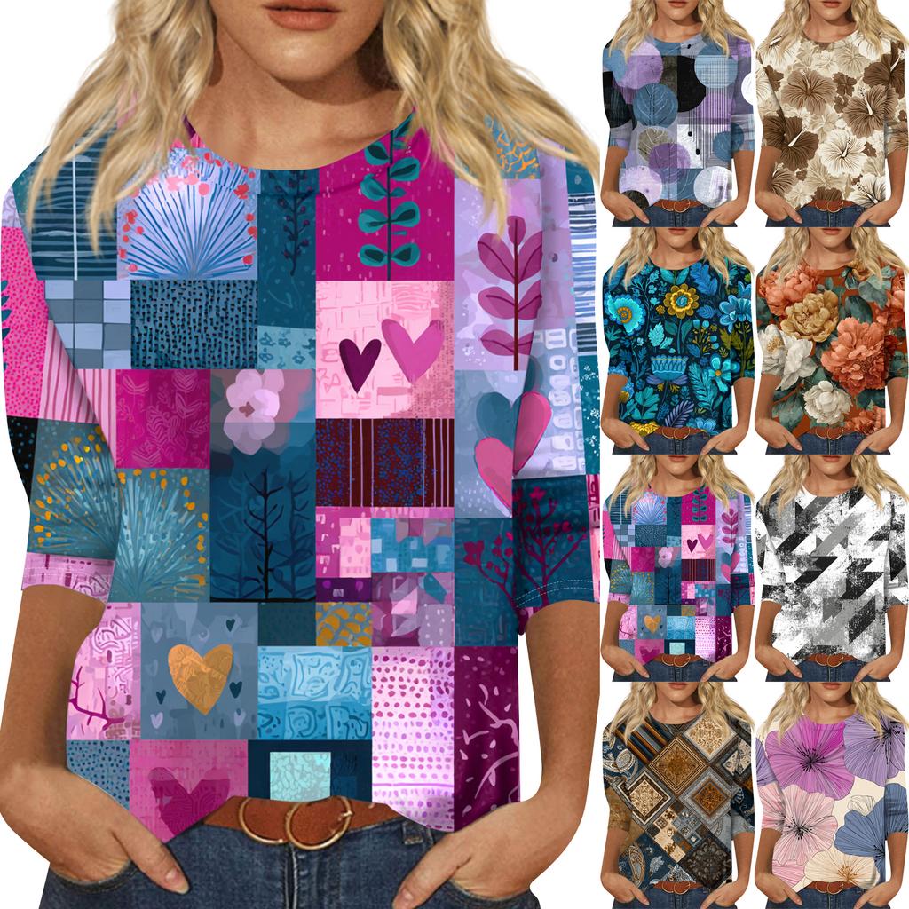 Women's Fashion Casual Round Neck Three-quarter Sleeve Retro Floral Print T-shirt Top