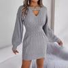 Autumn Winter Sexy Cross V Neck Batswing Sleeve Solid Color Wrap Hip Woolen Dress
