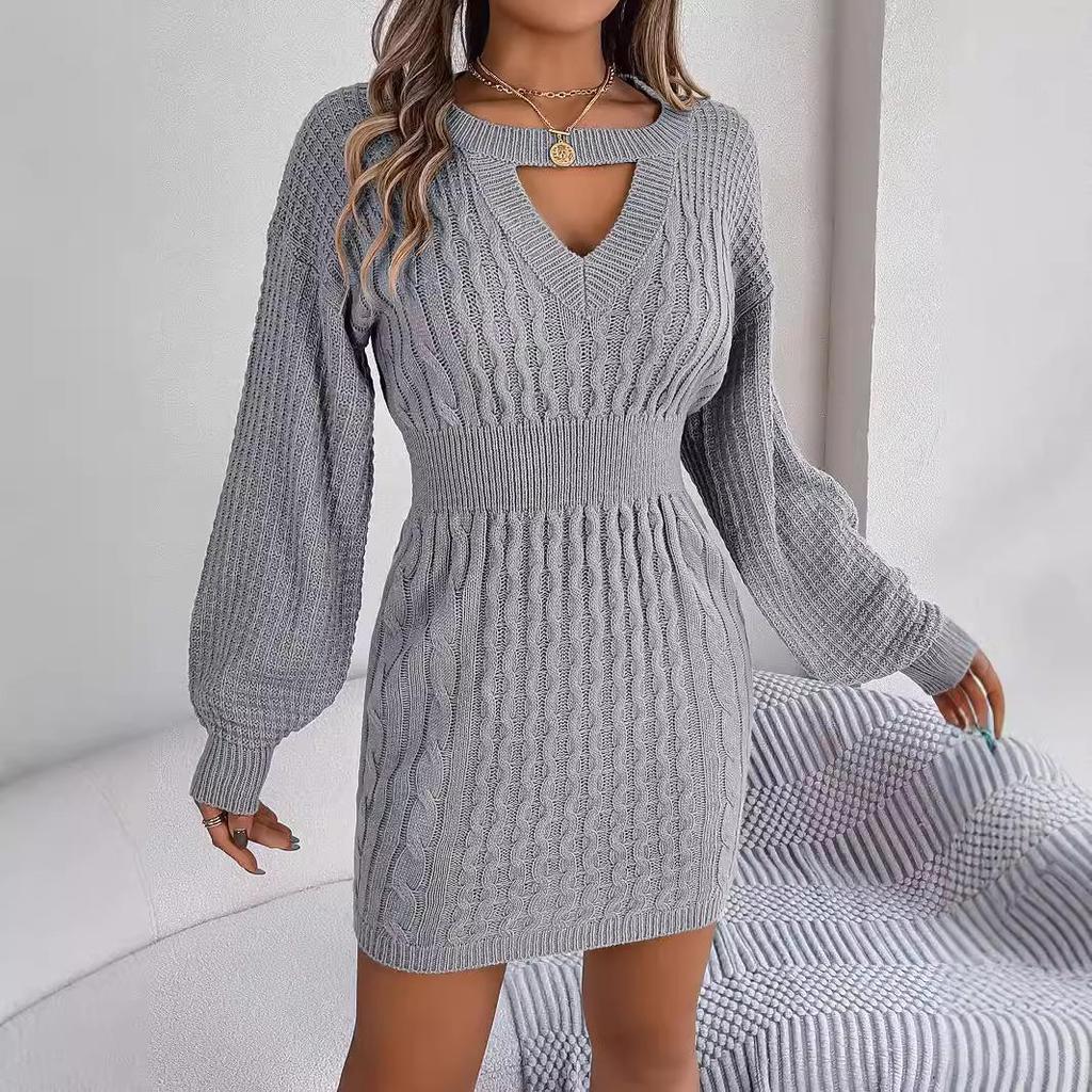 Autumn Winter Sexy Cross V Neck Batswing Sleeve Solid Color Wrap Hip Woolen Dress