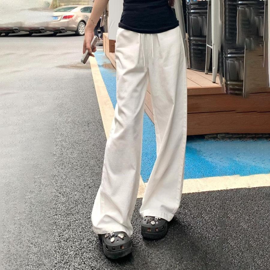 

Summer Thin KoreanStyle White HighWaist WideLeg StraightLeg Pants for Women Draped Loose Casual Trousers S