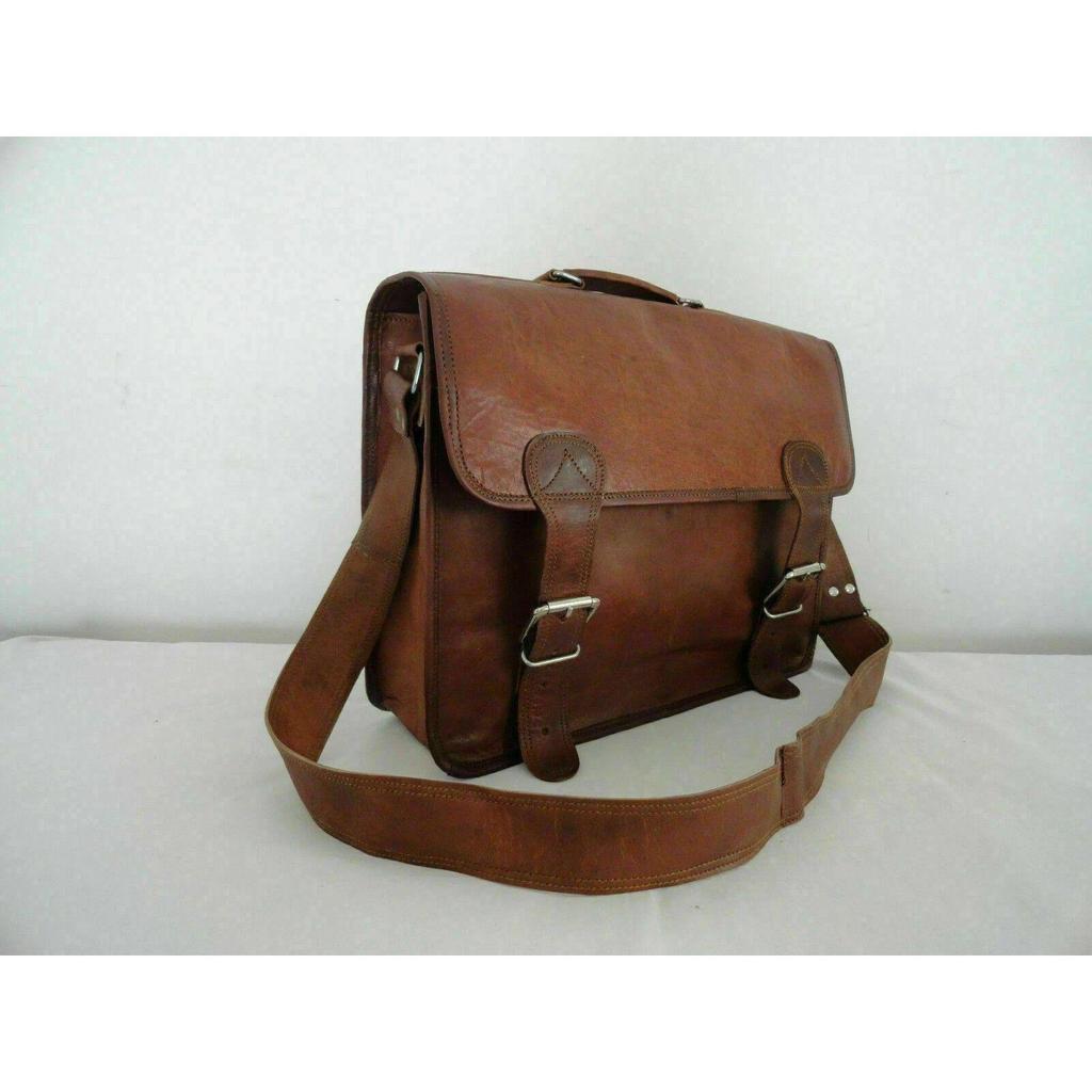 Real Satchel Bag Genuine Laptop Brown Briefcase Casual Goat Leather Messenger