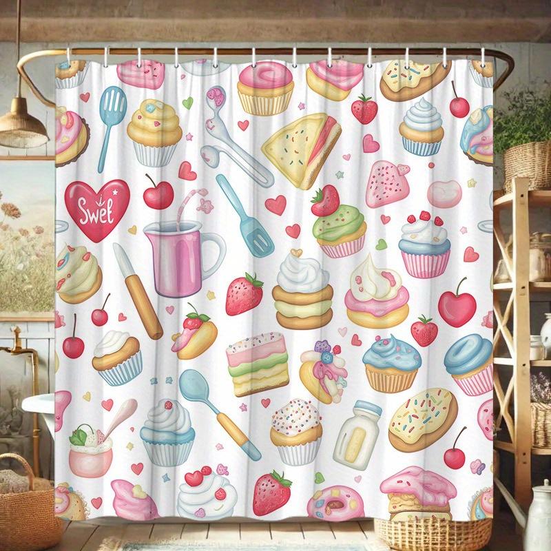 Pastel Dessert Shower Curtain - Playful Cupcakes, Donuts, Cookies & Fruits with Heart Symbols, Polyester,12 Hooks,Bathroom Decor