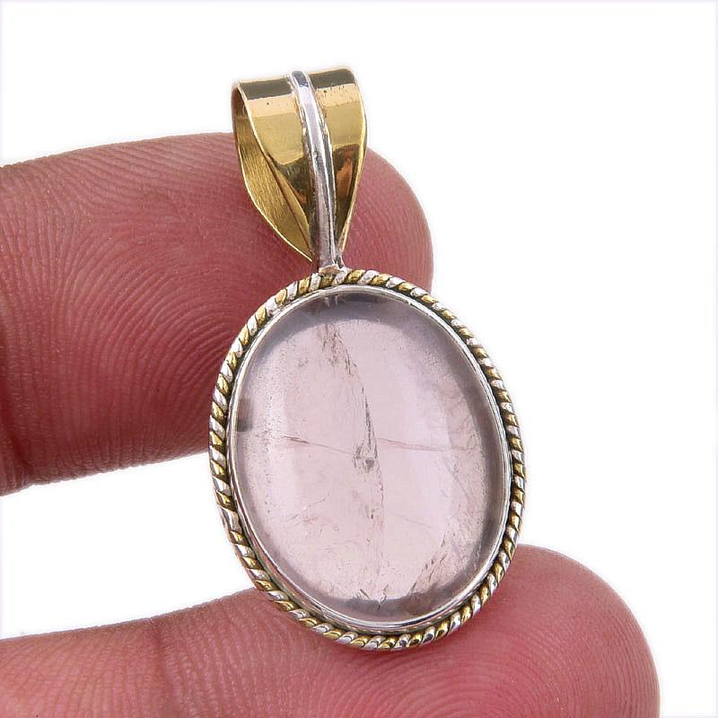 

Natural Rose Quartz 925 Solid Sterling Silver Jewelry TwoTone Pendant 1.25 j5Y74