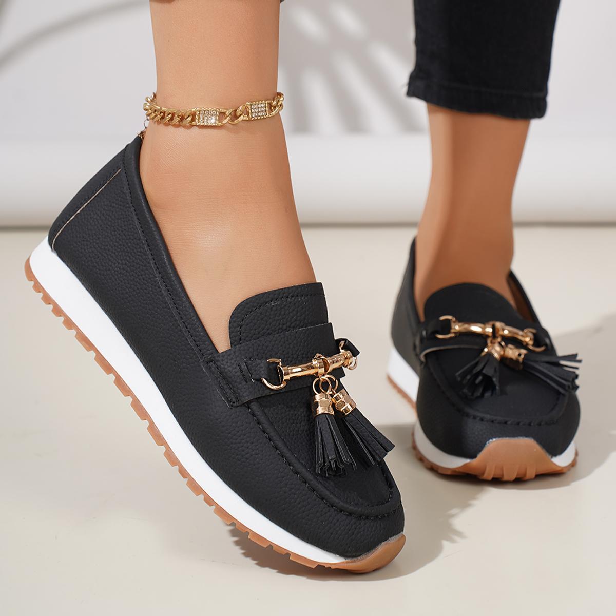 

Tassel Decoration Slip On Loafers Women 2025 Summer Round Toe Wedge Low Heel Pumps Soft Sole Non Slip Casual Shoes 43 чёрный